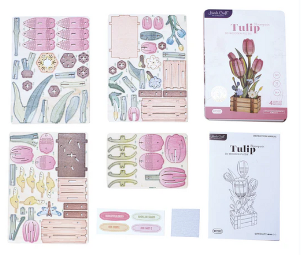 3D Wooden Puz.-Pink Tulip Bloom Set