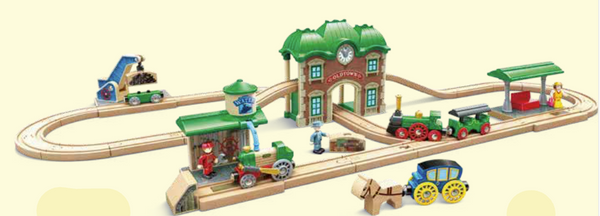 Wooden Retro Train & Station Set